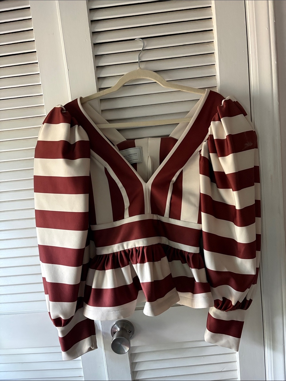 Striped Puff-Sleeve Peplum Tunic in Burgundy and Cream